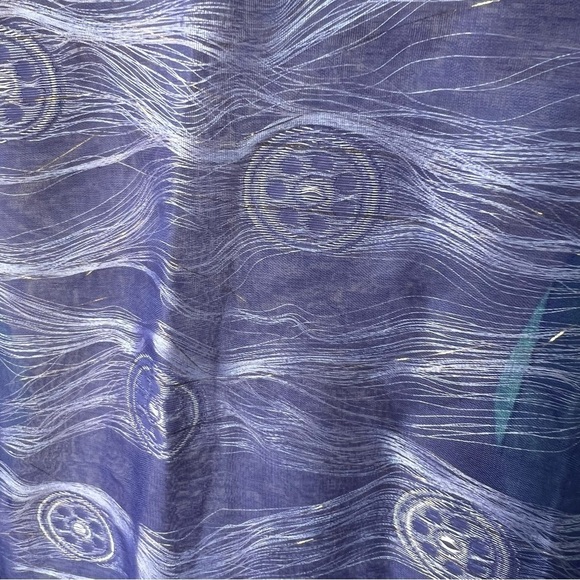 100% SILK BLUE COLORBLOCK GOLD THREAD MIXED MEDIA LARGE SCARF WRAP - Picture 5 of 7